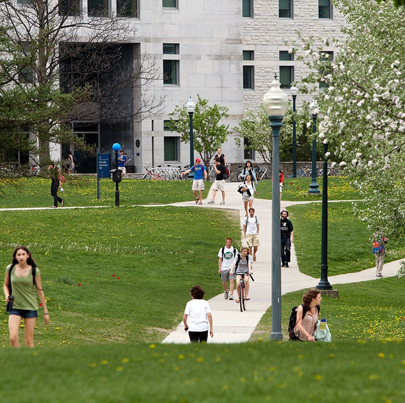 Students walk to and from Bicentennial Hall, Middlebury's science building.