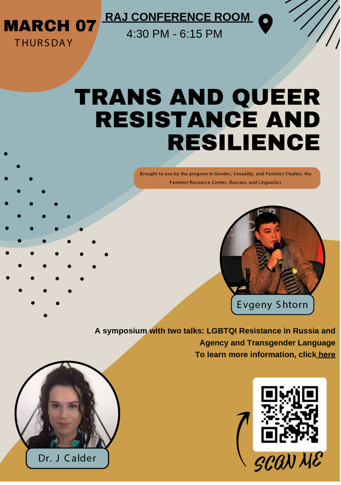 Poster for symposium Trans and Queer Resistance and Resilience Thursday March 7 2024, 4:30PM, RAJ Conference Room