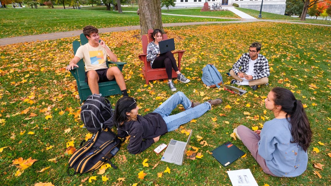 Students sitting in the grass talking