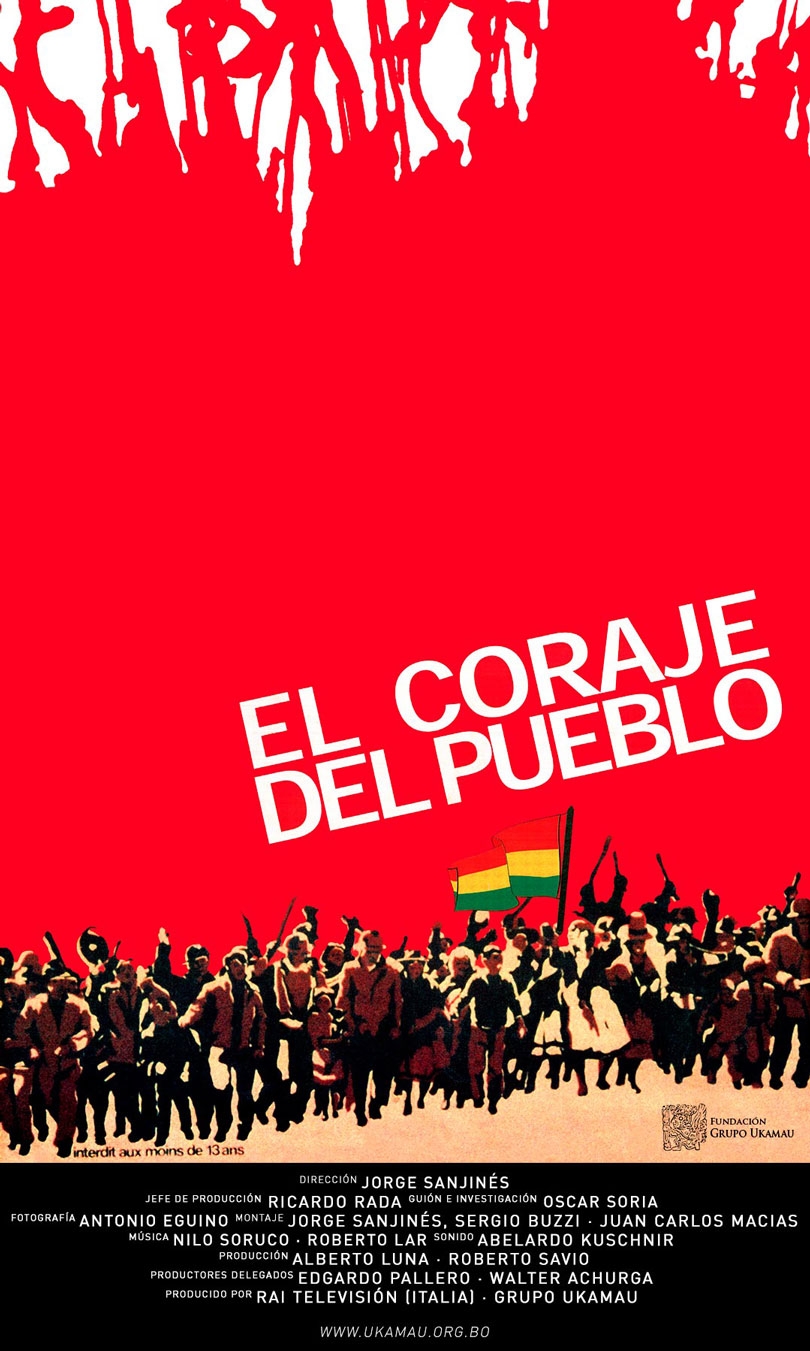 Film poster for El coraje del pueblo (The Courage of the People), a 1971 film directed by Jorge Sanjinés.