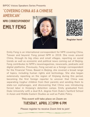 Join us on Zoom April 2nd starting at 5pm as we welcome Emily Feng! Emily is an international correspondent for NPR covering China, Taiwan and beyond.