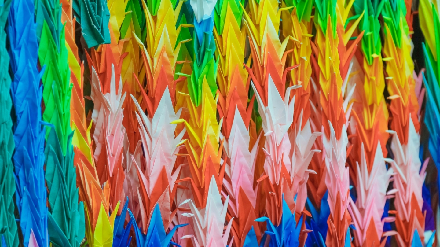Colorful strings of paper cranes