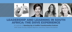 A light blue grraphic banner with black anmf white photos of three women. The banner reads, "Leadership and Learning in South Africa: The diiVe experience. an episode of Opening Up: A Conflict Transformation Podcast with Sarah Stroup, Elspeth Boynton, and Amy Gibans McGlashan
