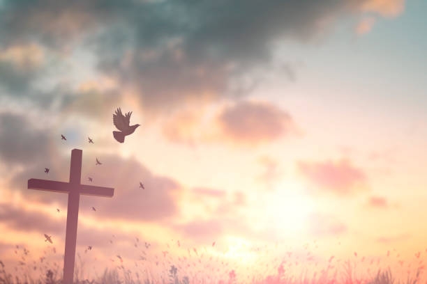 Christian cross and dove against sunrise clouds
