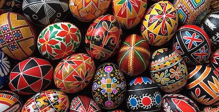 large group of colorful Ukrainian decorated eggs