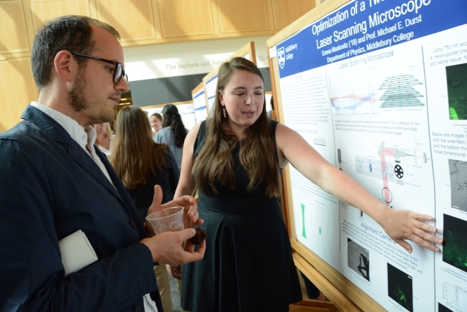 Physics major Emma Moskovitz ’18 explains her research optimizing a laser-scanning microscope to Assistant Professor of Biology David Allen at the Summer Research Symposium.