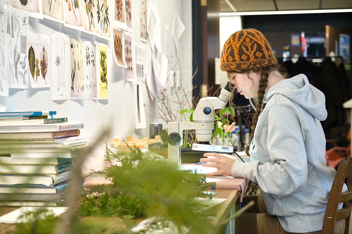 A student in a science classroom looks through a microscope.