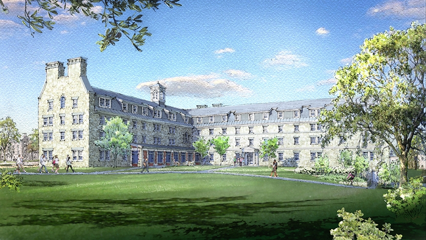 An architect's rendering of first-year residence hall from outside.