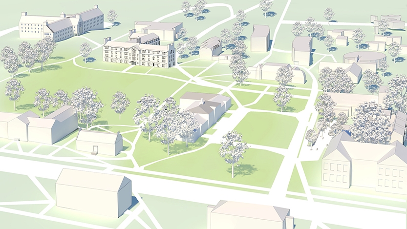 An architect's rendering of first-year residence hall from above.