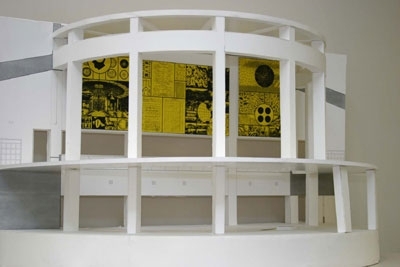 Artworkforlibrary.jpg A model depicts the mural "L'Art d'Ecrire" in the new Middlebury College library