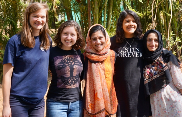 BOLD scholars Anna Novak ’19, Cece Alter ’19.5, and Laura Castillo ’19 (second from right) with Shabana Basij-Rasikh ’11 and a student from the School of Leadership, Afghanistan (SOLA).