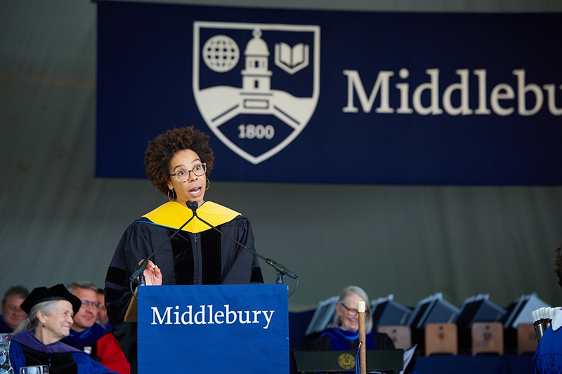 Commencement speaker Ayana Elizabeth Johnson at podium