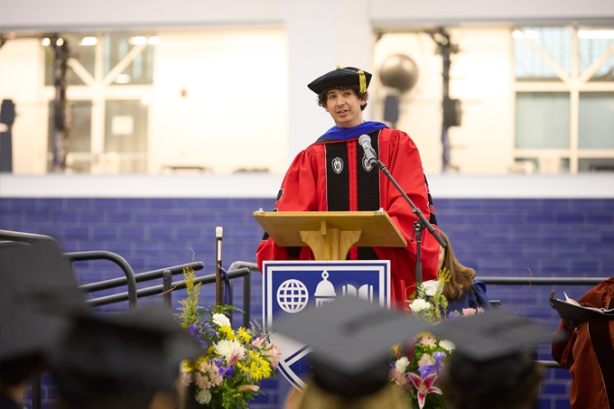 Professor Mike Dash speaks to the Class of 2023.5 during Feb Celebration.