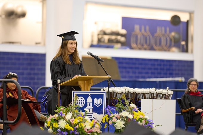 Annie Leithead ’23.5 gives the student address during Feb Celebration.