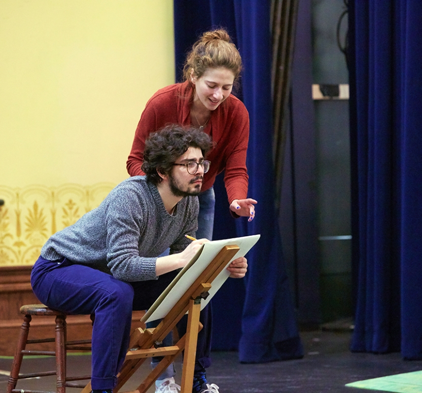 Ashley Fink ’18.5 and Michael Koutelos '20 rehearse a scene from Sunday in the Park with George at Town Hall Theater.