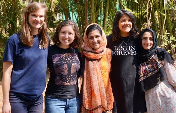 BOLD scholars Anna Novak ’19, Cece Alter ’19.5, and Laura Castillo ’19 (second from right) with Shabana Basij-Rasikh ’11 and a student from the School of Leadership, Afghanistan (SOLA).