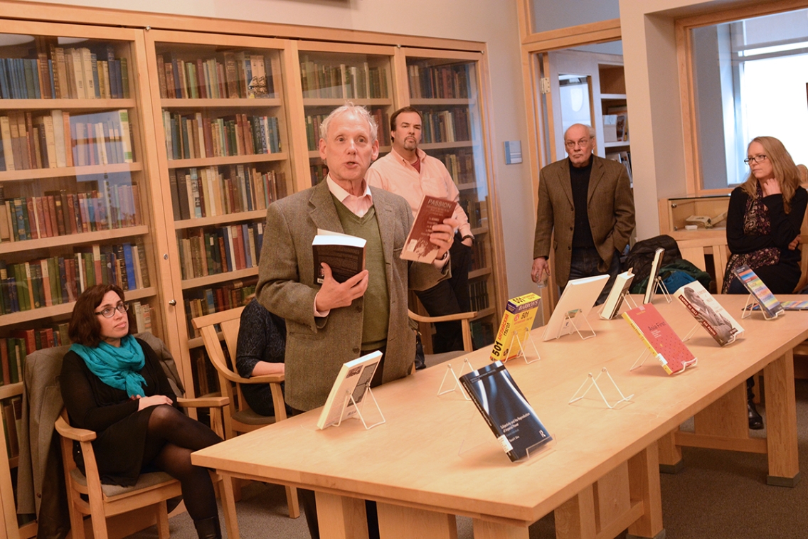 Professor of Religion Larry Yarbrough introduces his new book during the faculty and staff authors reception in Special Collections and Archives.