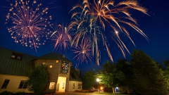 Fireworks in the night sky over Mahaney Arts Center