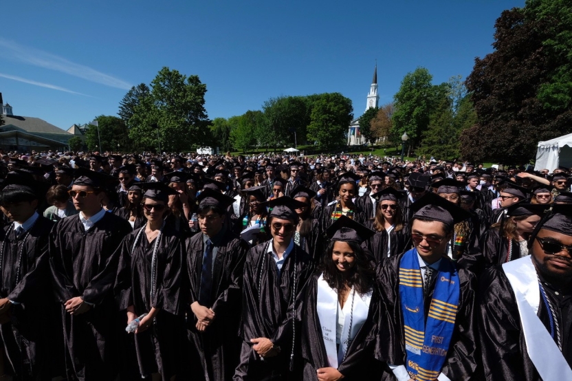 Students in caps and gowns on the Middlebury quad for commencement