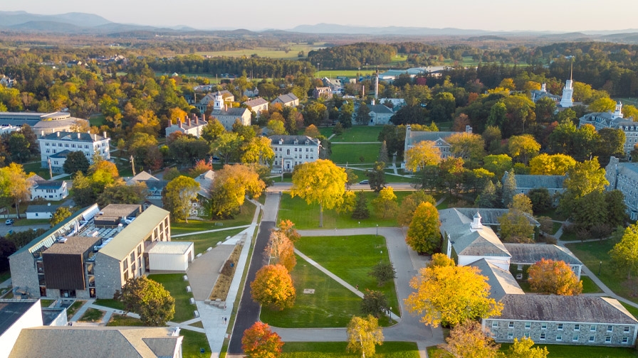 Aerial view of campus looking down on the Christian A. Johnson Memorial Building