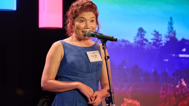 Htar Htar Yu ’08 Sharing a story at the For Every Future Campaign Launch in Burlington