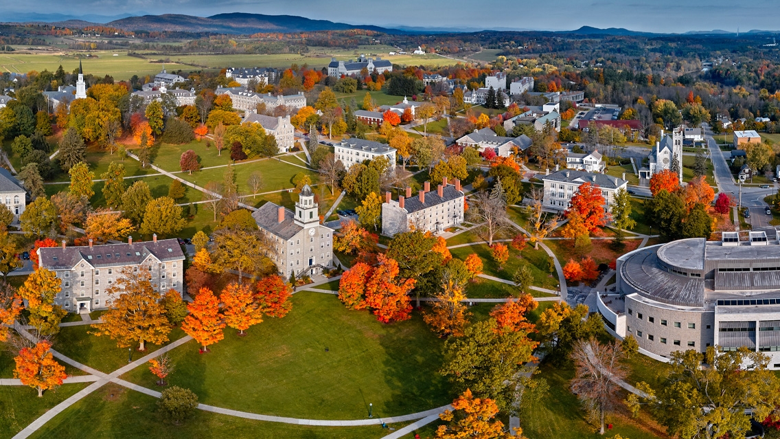 Aerial view of Middlebury Campus during fall.
