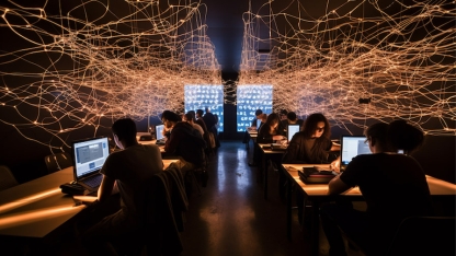Students working on computers with illuminated network above them.png