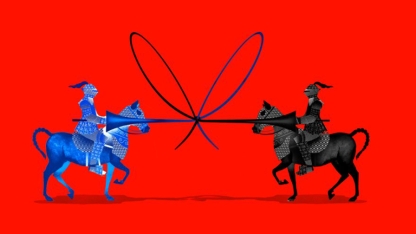Illustration of knights in a joust, their lances connect to create a bow.