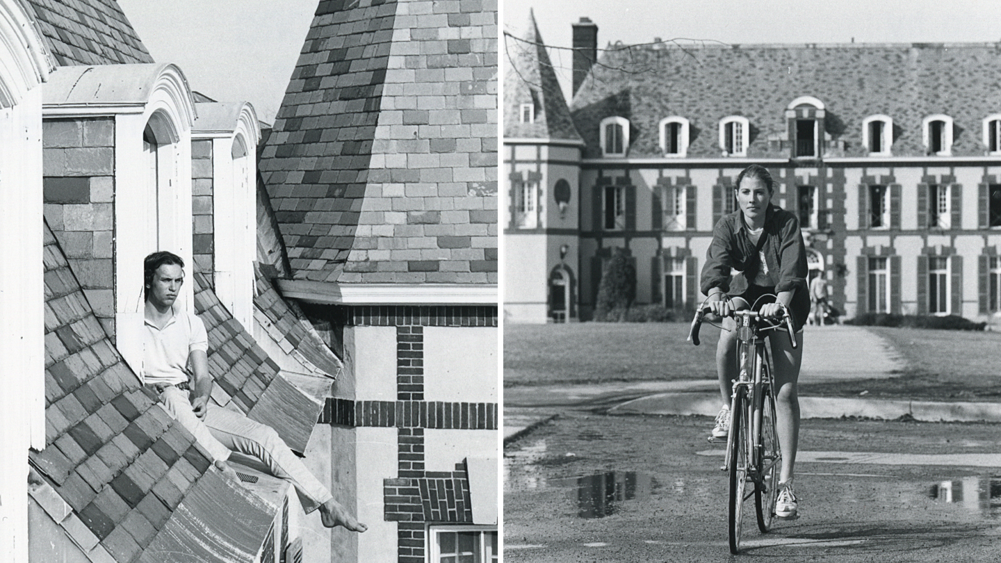 boy in chateau window, girl on bike