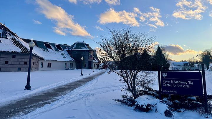 a view of the Mahaney Arts Center in winter
