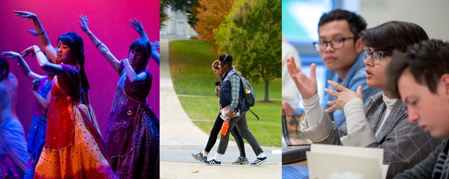 Three pictures, students dancing, students walking and students in class.