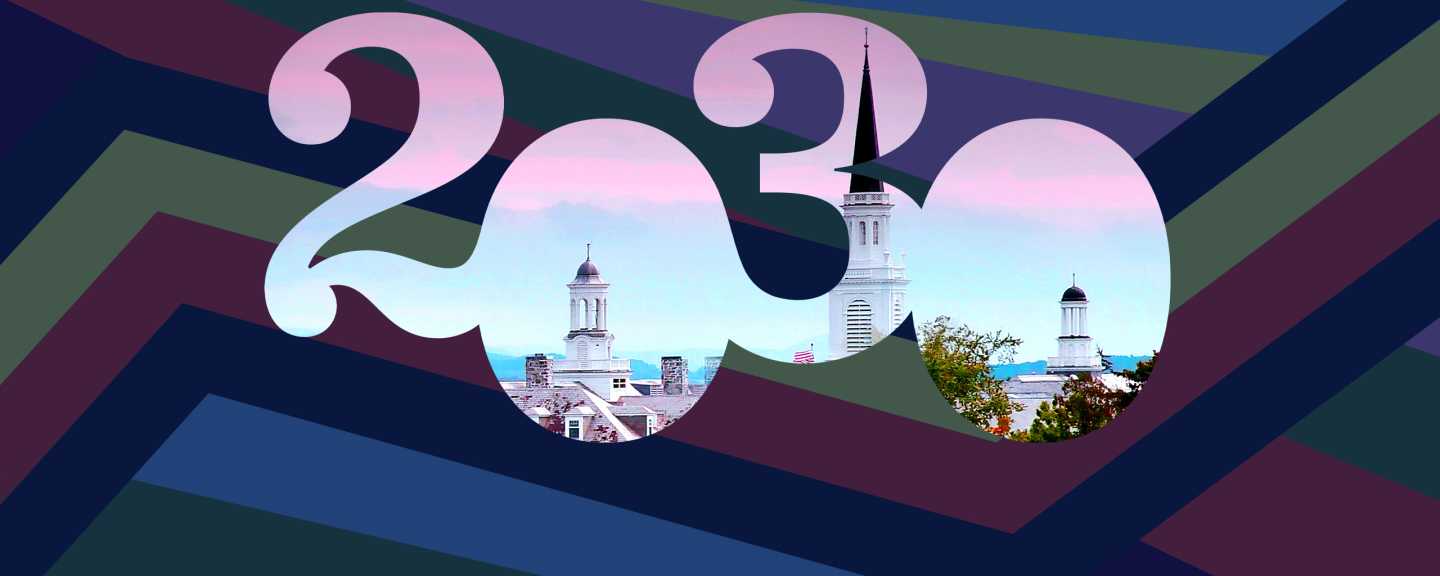 A 20230 graphic on a patterned background with an image of Middlebury's campus cropped inside.
