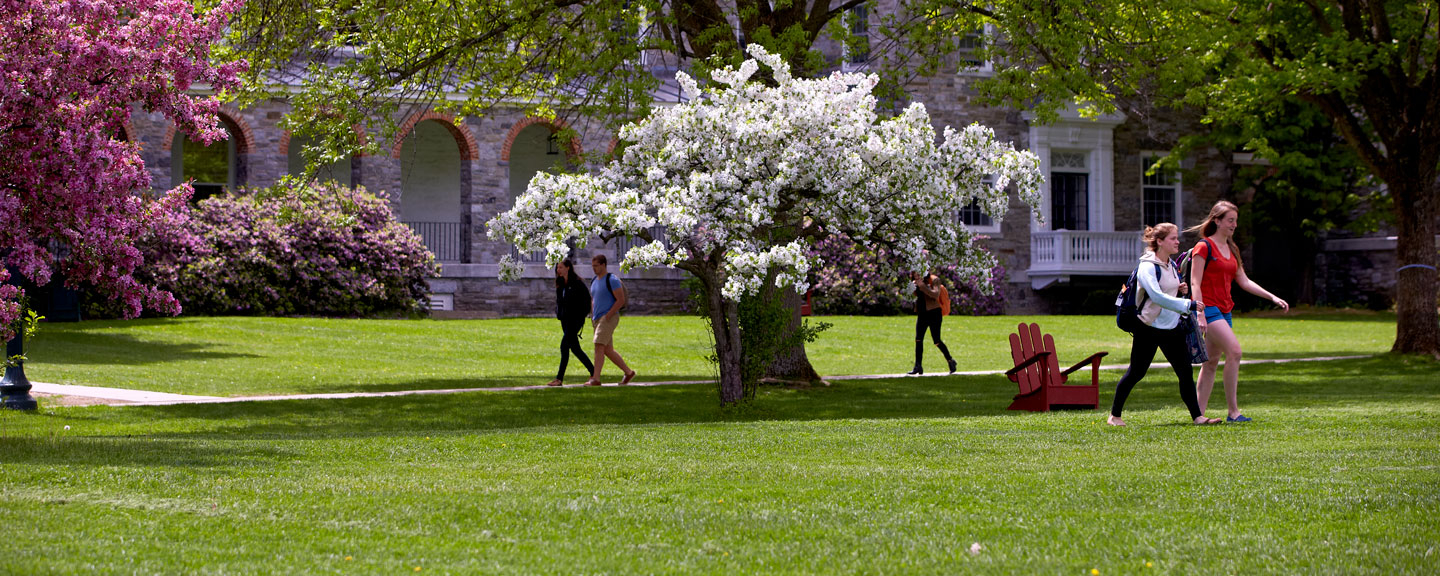 Students walking across campus in springtime