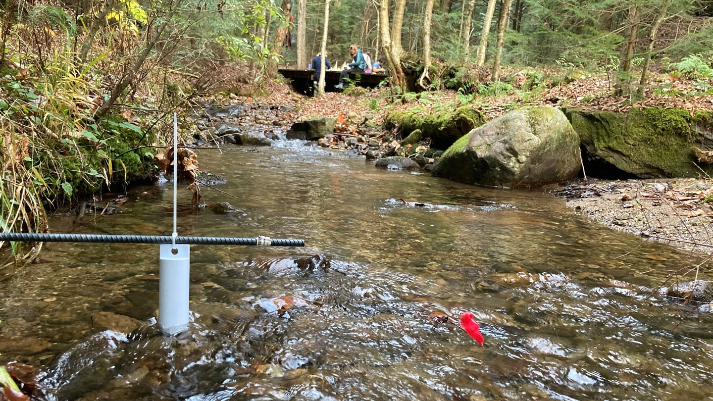 Students collecting river data in the field.