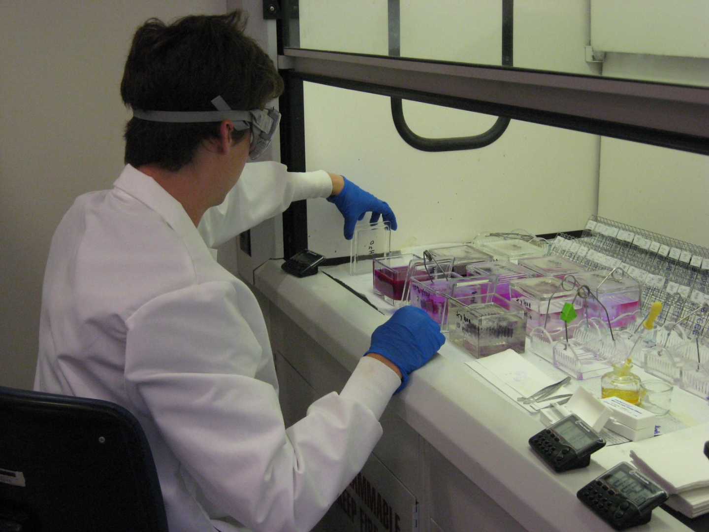 Person with short dark hair, goggle, white lab coat.