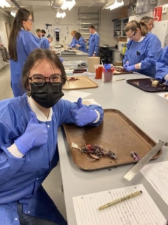 A student in the lab gives a thumbs up sign.