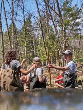 Biology students gathering data in the river.