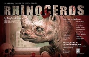 Rhino in profile wearing a monocle and a hat