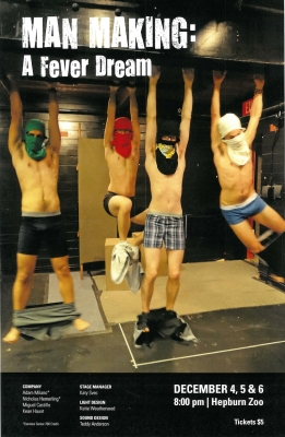 Four shirtless men with their faces covered, pants down, and hanging from the ceiling