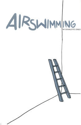 Illustrated blue ladder in an all-white room leaning against the wall under block letters spelling Airswimming