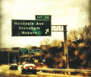 Grainy image of Exit 36 to Montvale Ave, Stoneham, and Woburn