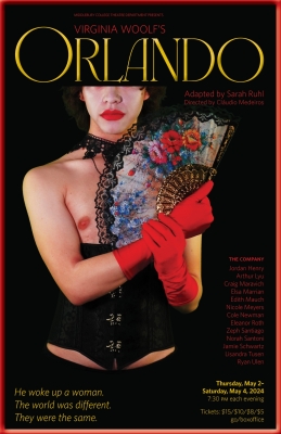 Photo of actor in corset cut off at the eyes, holding a fan and wearing red gloves