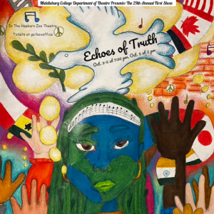 Poster with anthropomorphic Earth, many things around it, reading "Echoes of Truth"
