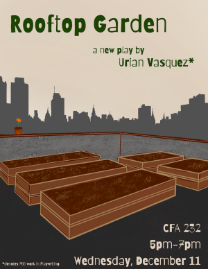 Illustrated image of garden boxes on a rooftop, skyline in the background