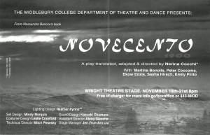 "Novecento" in bright letters over a black and white scene of a mountain range