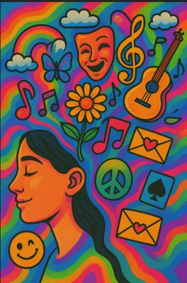 Drawing: Happy looking female with closed eyes in profile surrounded by symbols of joy and happiness on background of rainbow colors