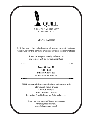 Image of a flyer for the QUILL event on October 17. Details follow the image.