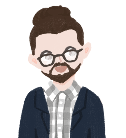 Cartoon image of Phil Chodrow, smiling. He is wearing glasses, a grey and white casual shirt, and a navy blazer. 