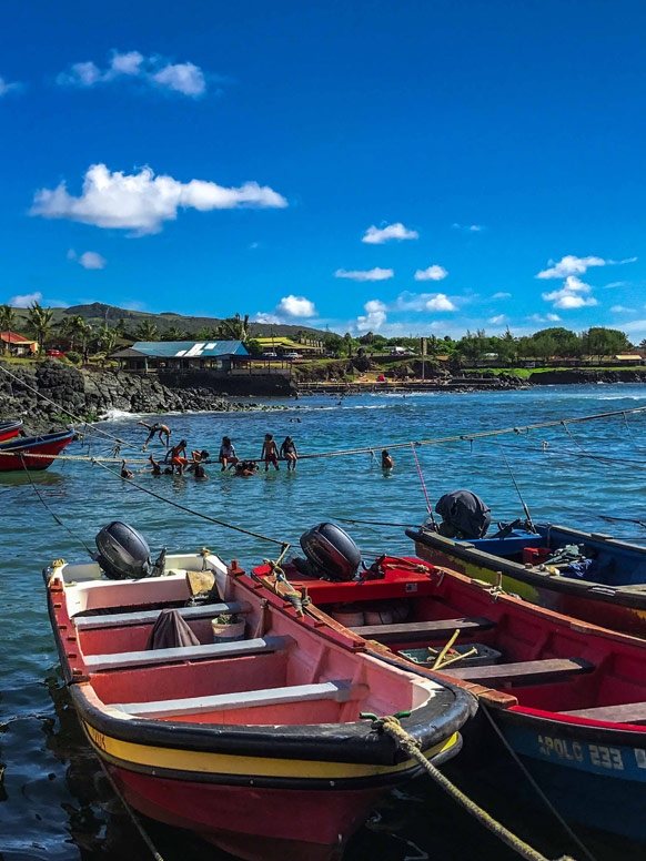 A clear blue sky photograph of a harbor in Chile, taken by a study abroad student at Middlebury. 