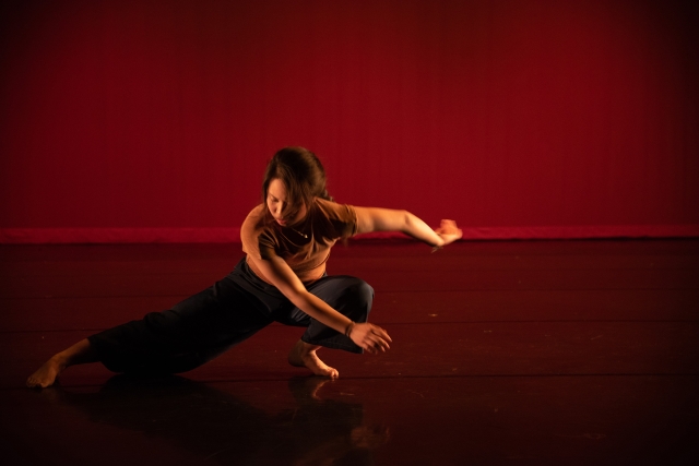a dancer lunges down low in front of a red background